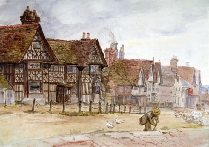 Framed Print : Village Street with Tudor Houses, c1864-1930. Artist: Anna Lea Merritt Framed Print : Village Street with Tudor Houses, c1864-1930. Artist: Anna Lea Merritt