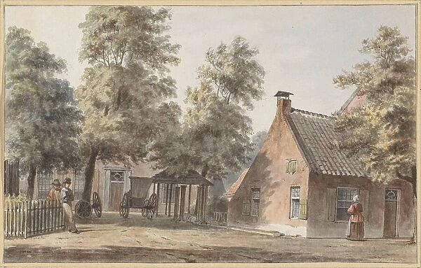 Village view with two men leaning against a fence on the left, 1820-1872. Creator: Hendrik Abraham Klinkhamer