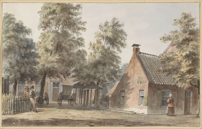 Framed Print : Village view with two men leaning against a fence on the left, 1820-1872. Creator: Hendrik Abraham Klinkhamer Framed Print : Village view with two men leaning against a fence on the left, 1820-1872. Creator: Hendrik Abraham Klinkhamer