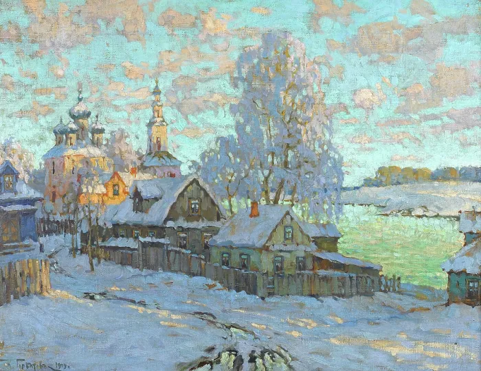 Framed Print : Village in the Winter Sun, 1919. Creator: Gorbatov, Konstantin Ivanovich (1876-1945) Framed Print : Village in the Winter Sun, 1919. Creator: Gorbatov, Konstantin Ivanovich (1876-1945)