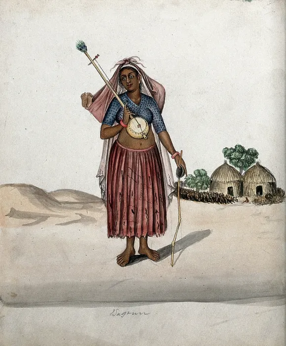Framed Print : A village woman carrying a musical instrument in one hand, a stick with... (between 1800 and 1899?) Creator: Unknown Framed Print : A village woman carrying a musical instrument in one hand, a stick with... (between 1800 and 1899?) Creator: Unknown