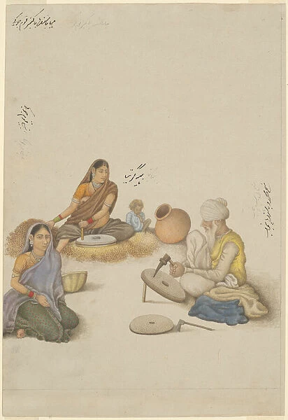 Villagers Grinding Corn, page from the Fraser Album, Company School, c. 1820