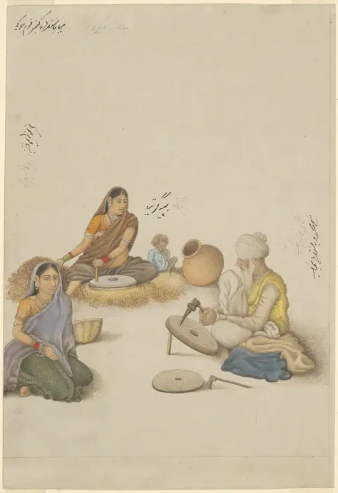 Framed Print : Villagers Grinding Corn, page from the Fraser Album, Company School, c. 1820 Framed Print : Villagers Grinding Corn, page from the Fraser Album, Company School, c. 1820