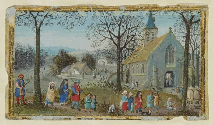 Framed Print : Villagers on Their Way to Church; Book of Hours, about 1550. Creator: Simon Bening Framed Print : Villagers on Their Way to Church; Book of Hours, about 1550. Creator: Simon Bening