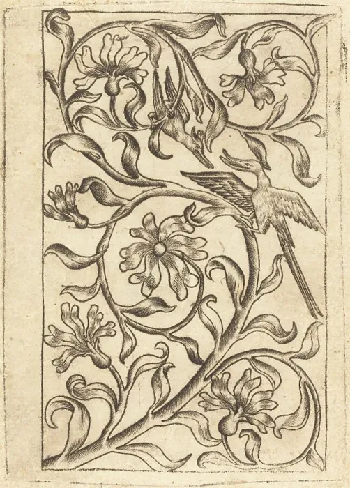 Framed Print : Vine Ornament with Two Birds, c. 1440 / 1450. Creator: Master of the Playing Cards, Follower of Framed Print : Vine Ornament with Two Birds, c. 1440 / 1450. Creator: Master of the Playing Cards, Follower of