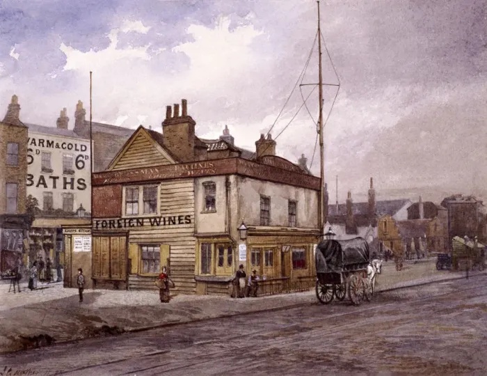 Framed Print : Vine Tavern, Mile End Road, Stepney, London, (c1883?) Artist: John Crowther Framed Print : Vine Tavern, Mile End Road, Stepney, London, (c1883?) Artist: John Crowther