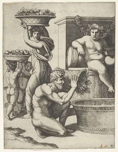 The Vintage; a man pouring grapes from a basket into a vat, above Bacchus sitting, ... ca. 1517-20. Creator: Marcantonio Raimondi