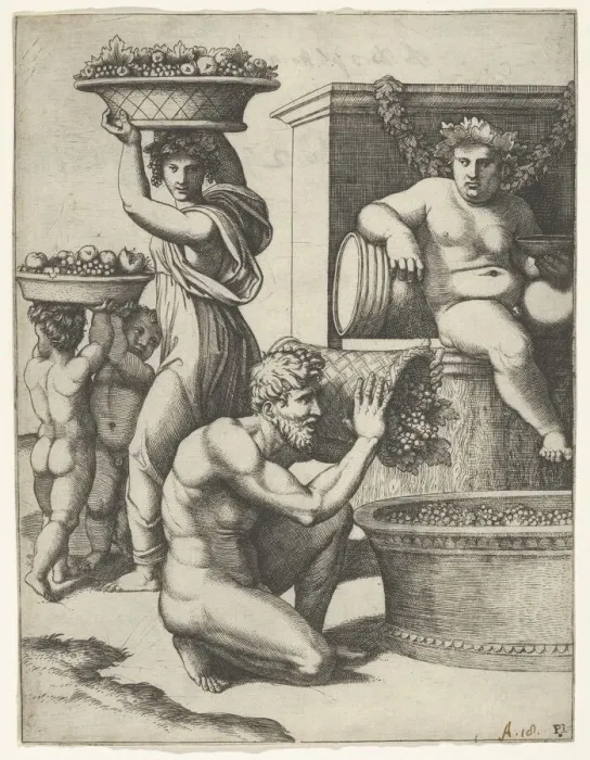 Framed Print : The Vintage; a man pouring grapes from a basket into a vat, above Bacchus sitting... ca. 1517-20. Creator: Marcantonio Raimondi Framed Print : The Vintage; a man pouring grapes from a basket into a vat, above Bacchus sitting... ca. 1517-20. Creator: Marcantonio Raimondi