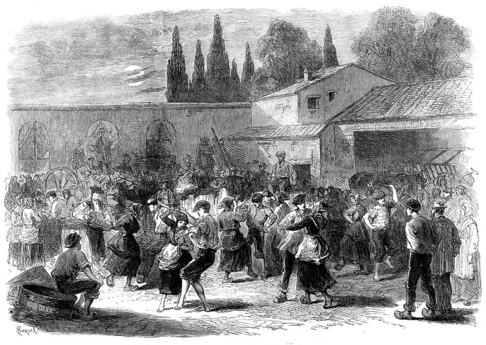 Framed Print : The Vintage of Medoc: evening dance of vineyard labourers, 1871. Creator: Unknown Framed Print : The Vintage of Medoc: evening dance of vineyard labourers, 1871. Creator: Unknown
