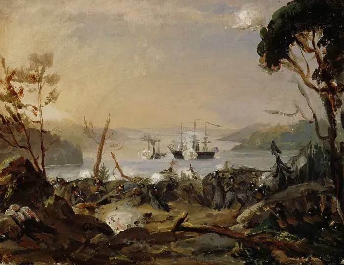 Framed Print : Violent reconnaissance in the Turku region, a scene from the Oolanni War, 1854. Creator: Robert Wilhelm Ekman Framed Print : Violent reconnaissance in the Turku region, a scene from the Oolanni War, 1854. Creator: Robert Wilhelm Ekman