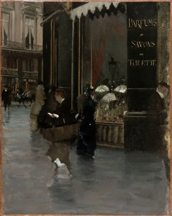 Framed Print : The Violet perfumery, at the corner of boulevard des Capucines and rue Scribe, c1880. Creator: Giuseppe de Nittis Framed Print : The Violet perfumery, at the corner of boulevard des Capucines and rue Scribe, c1880. Creator: Giuseppe de Nittis