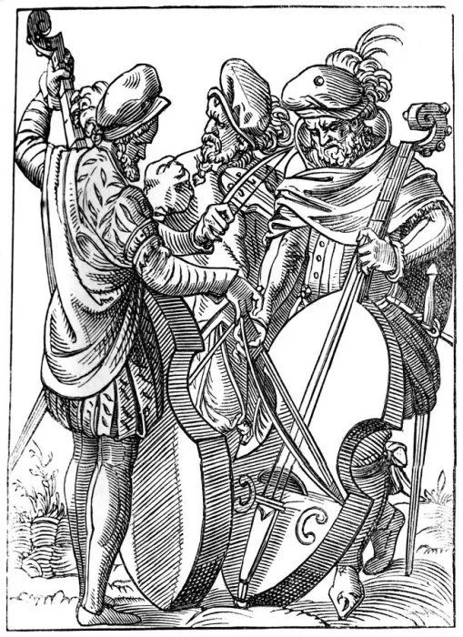 Framed Print : A violinist and two cellists, 16th century (1849). Artist: Jost Amman Framed Print : A violinist and two cellists, 16th century (1849). Artist: Jost Amman