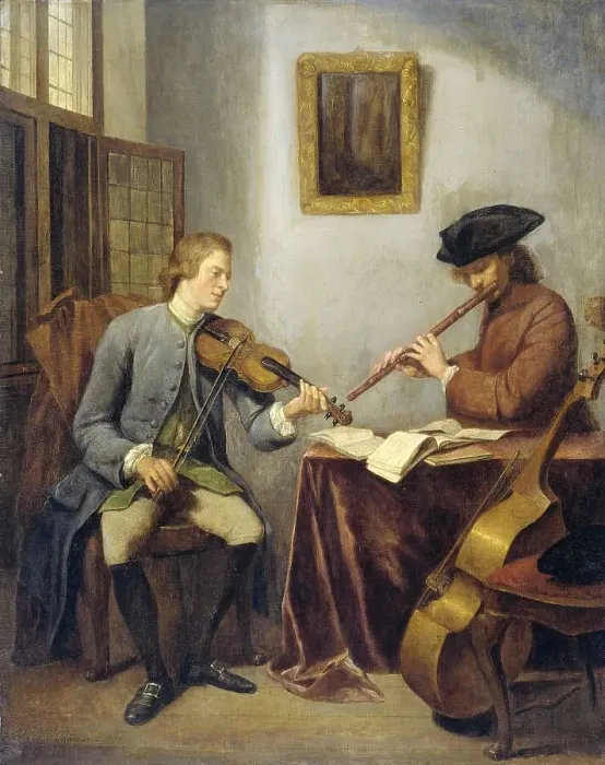 Framed Print : A Violinist and a Flutist Playing Music together (The Musicians), 1755. Creator: Julius Quinkhard Framed Print : A Violinist and a Flutist Playing Music together (The Musicians), 1755. Creator: Julius Quinkhard