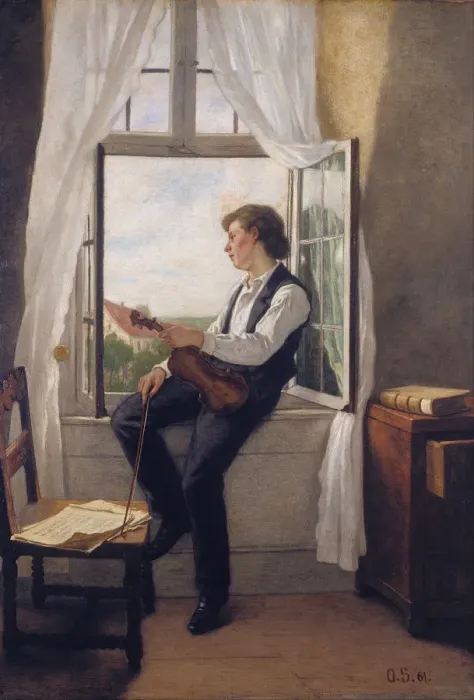 Framed Print : The Violinist at the Window. Artist: Scholderer, Franz Otto (1834-1902) Framed Print : The Violinist at the Window. Artist: Scholderer, Franz Otto (1834-1902)