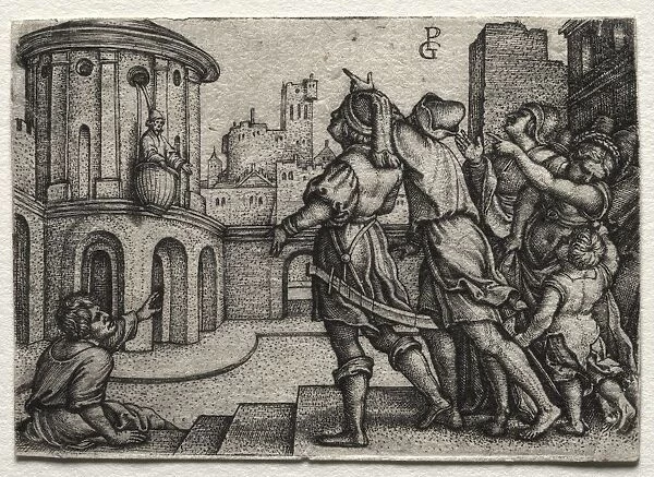 Virgil hanging in a Basket, c. 1541-42. Creator: Georg Pencz (German, c. 1500-1550)