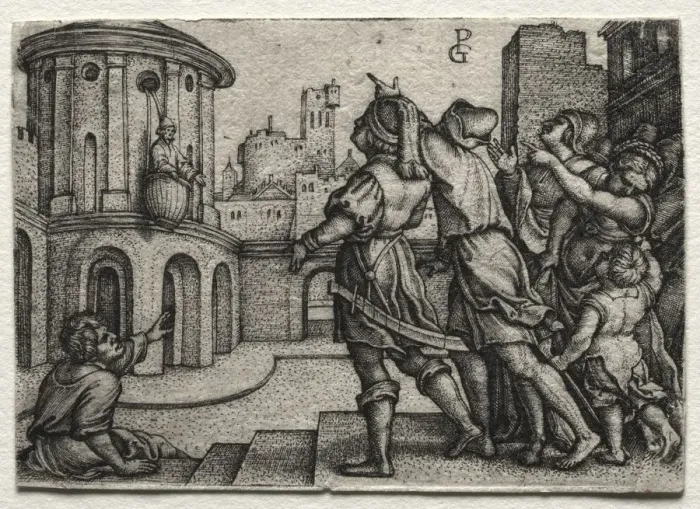Framed Print : Virgil hanging in a Basket, c. 1541-42. Creator: Georg Pencz (German, c. 1500-1550) Framed Print : Virgil hanging in a Basket, c. 1541-42. Creator: Georg Pencz (German, c. 1500-1550)