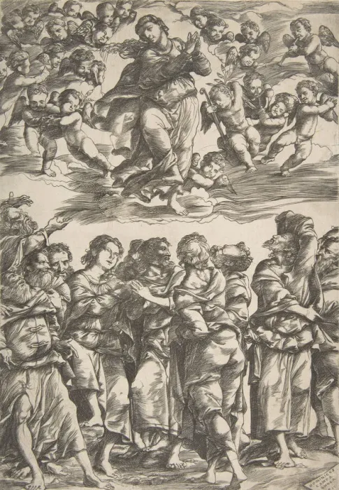 Framed Print : The Virgin at top center in clouds with clasped hands and right foot raised Framed Print : The Virgin at top center in clouds with clasped hands and right foot raised