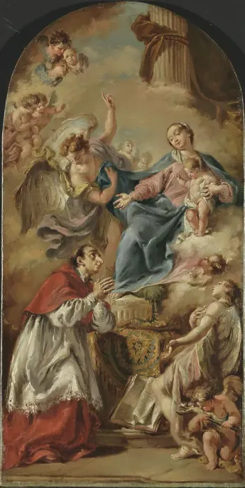 Framed Print : The Virgin and Child adored by Saint Carlo Borromeo, Undated. Creator: Giovanni Battista Pittoni the Younger Framed Print : The Virgin and Child adored by Saint Carlo Borromeo, Undated. Creator: Giovanni Battista Pittoni the Younger