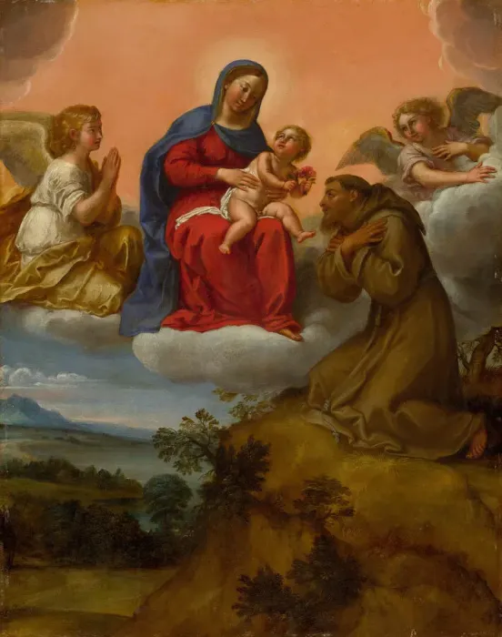 Framed Print : Virgin and Child Adored by Saint Francis, c. 1606 / 07. Creator: Francesco Albani Framed Print : Virgin and Child Adored by Saint Francis, c. 1606 / 07. Creator: Francesco Albani