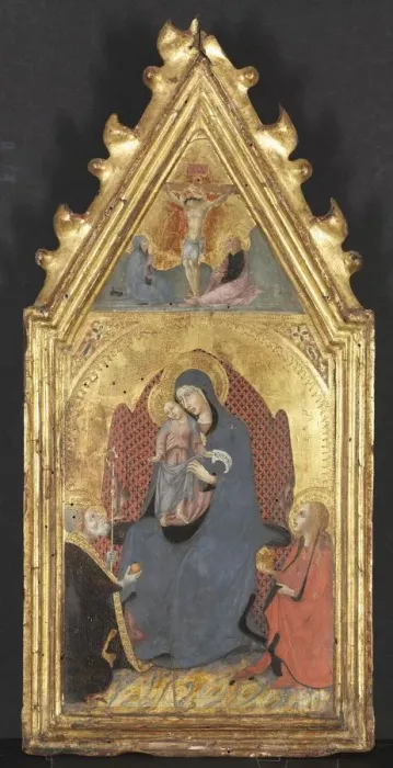 Framed Print : Virgin and Child Adored by Saints Mary Magdalene and Nicolas of Bari; Christ Crucified Framed Print : Virgin and Child Adored by Saints Mary Magdalene and Nicolas of Bari; Christ Crucified