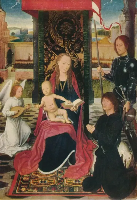Framed Print : The Virgin and Child with an Angel, c1480. Artist: Hans Memling Framed Print : The Virgin and Child with an Angel, c1480. Artist: Hans Memling