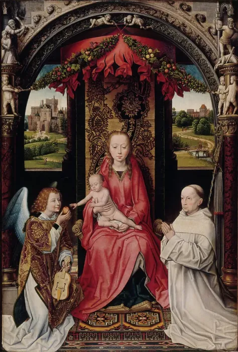 Framed Print : Virgin and Child with angel and donor, after Memling, between 1499 and 1509. Creator: Unknown Framed Print : Virgin and Child with angel and donor, after Memling, between 1499 and 1509. Creator: Unknown