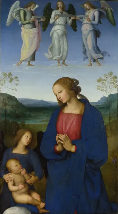 Framed Print : The Virgin and Child with an Angel (Panel from an Altarpiece, Certosa), c. 1500. Creator: Perugino (ca. 1450-1523) Framed Print : The Virgin and Child with an Angel (Panel from an Altarpiece, Certosa), c. 1500. Creator: Perugino (ca. 1450-1523)