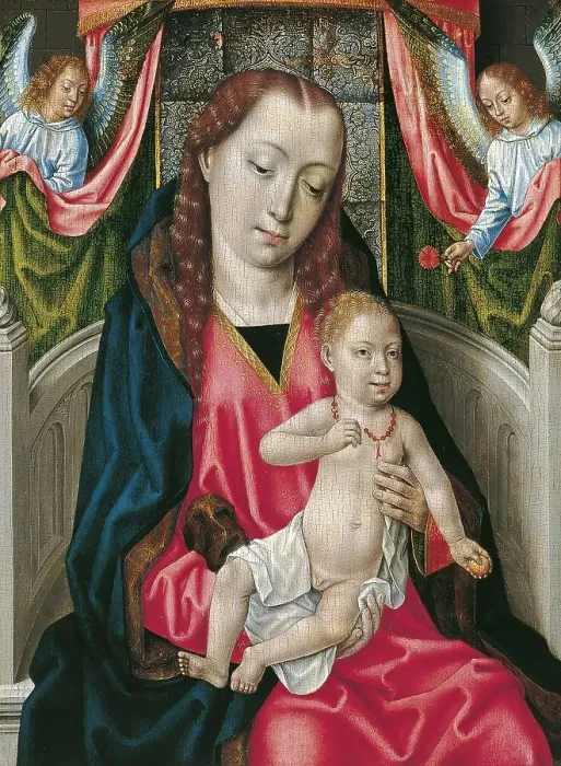 Framed Print : The Virgin and Child with Two Angels, 1480. Creator: Master of the Saint Ursula Legend Framed Print : The Virgin and Child with Two Angels, 1480. Creator: Master of the Saint Ursula Legend