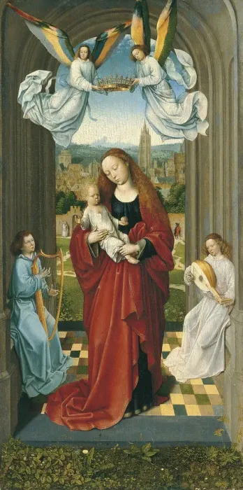 Framed Print : The Virgin and Child between Angels. Artist: Master of the Andre Madonna (active ca 1500) Framed Print : The Virgin and Child between Angels. Artist: Master of the Andre Madonna (active ca 1500)
