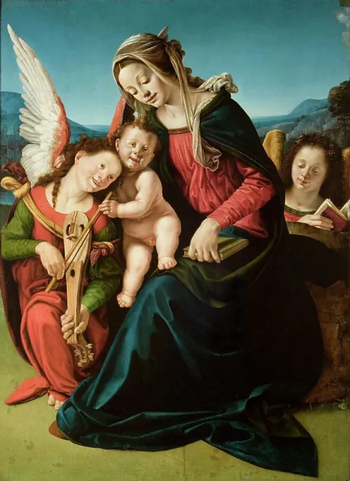 Framed Print : The Virgin and Child with two angels, ca. 1505-1510. Creator: Piero di Cosimo (ca 1462-ca 1521) Framed Print : The Virgin and Child with two angels, ca. 1505-1510. Creator: Piero di Cosimo (ca 1462-ca 1521)