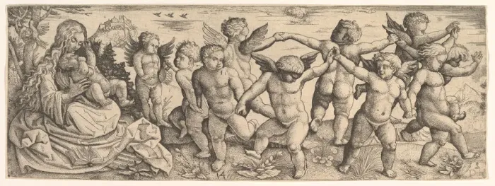 Framed Print : Virgin and Child with Angels Dancing in a Landscape, 1530s. Creator: Daniel Hopfer Framed Print : Virgin and Child with Angels Dancing in a Landscape, 1530s. Creator: Daniel Hopfer