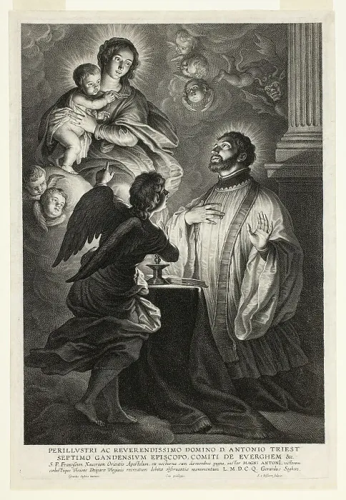 Framed Print : The Virgin and Child Appearing to Saint Francis Xavier, 1610 / 59. Creator: Schelte Adamsz Bolswert Framed Print : The Virgin and Child Appearing to Saint Francis Xavier, 1610 / 59. Creator: Schelte Adamsz Bolswert