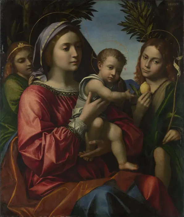 Framed Print : The Virgin and Child with the Baptist and an Angel, c. 1516. Artist: Morando, Paolo (ca 1486 / 8 - 1522) Framed Print : The Virgin and Child with the Baptist and an Angel, c. 1516. Artist: Morando, Paolo (ca 1486 / 8 - 1522)