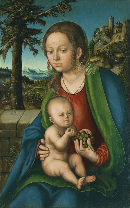 Framed Print : The Virgin with Child with a Bunch Grapes, ca 1509-1510. Artist: Cranach, Lucas, the Elder (1472-1553) Framed Print : The Virgin with Child with a Bunch Grapes, ca 1509-1510. Artist: Cranach, Lucas, the Elder (1472-1553)