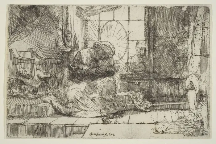 Framed Print : Virgin and Child with the Cat: and Joseph at the Window, 1654. Creator: Unknown Framed Print : Virgin and Child with the Cat: and Joseph at the Window, 1654. Creator: Unknown