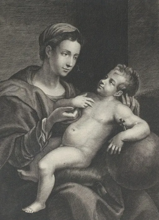 Framed Print : Virgin and Child, with the Christ child leaning against an orb, 1628. Creator: Lucas Vorsterman Framed Print : Virgin and Child, with the Christ child leaning against an orb, 1628. Creator: Lucas Vorsterman