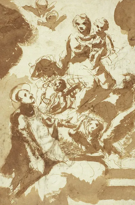 Framed Print : Virgin and Child on Clouds with Kneeling Male Saint (recto); Sketch of Two Female... n.d. Creator: Unknown Framed Print : Virgin and Child on Clouds with Kneeling Male Saint (recto); Sketch of Two Female... n.d. Creator: Unknown