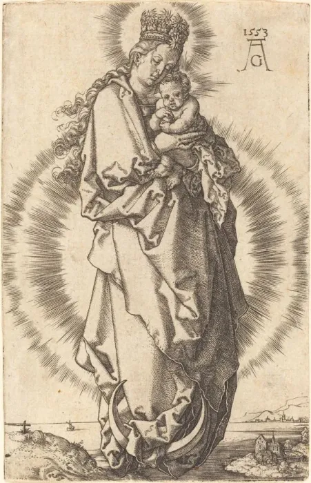 Framed Print : The Virgin with the Child on the Crescent, 1553. Creator: Heinrich Aldegrever Framed Print : The Virgin with the Child on the Crescent, 1553. Creator: Heinrich Aldegrever