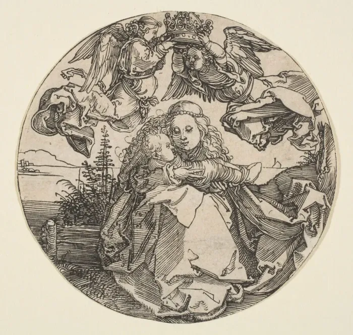 Framed Print : The Virgin and Child Crowned by Two Angels above a Landscape (landscape trimmed out), ca Framed Print : The Virgin and Child Crowned by Two Angels above a Landscape (landscape trimmed out), ca