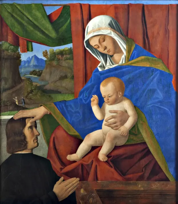 Framed Print : Virgin and child with a Donor, Late 15th cen Creator: Francesco di Simone da Santacroce Framed Print : Virgin and child with a Donor, Late 15th cen Creator: Francesco di Simone da Santacroce