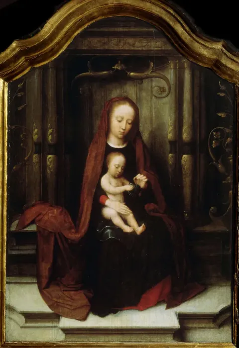 Framed Print : The Virgin and Child Enthroned, 16th century. Artist: Adriaen Isenbrandt Framed Print : The Virgin and Child Enthroned, 16th century. Artist: Adriaen Isenbrandt