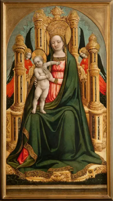 Framed Print : The Virgin and Child Enthroned and Two Angels, c. 1450. Artist: Vivarini, Antonio (ca 1440-1480)