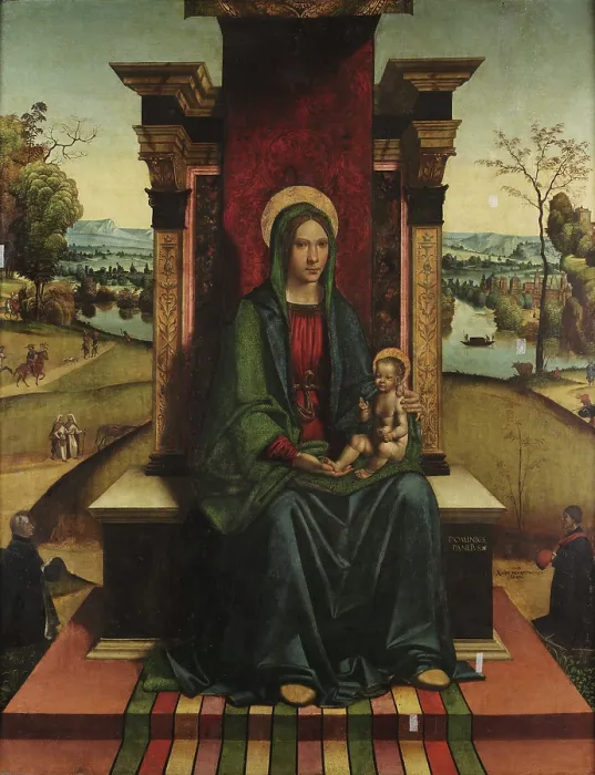 Framed Print : Virgin with Child enthroned with donors, 1497-1500. Creator: Panetti, Domenico (1460-1530)