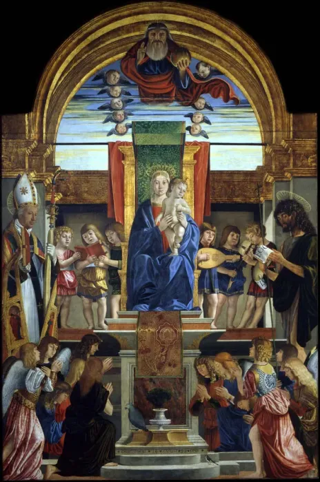 Framed Print : The Virgin and Child Enthroned with God the Father and Saints Hilarius and John the Baptist, 1499. Artist: Caselli, Cristoforo (ca 1460-1521) Framed Print : The Virgin and Child Enthroned with God the Father and Saints Hilarius and John the Baptist, 1499. Artist: Caselli, Cristoforo (ca 1460-1521)