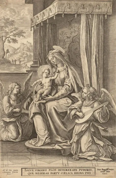 Framed Print : Virgin and Child Enthroned with Two Musical Angels. n. d Creator: Jan Wierix Framed Print : Virgin and Child Enthroned with Two Musical Angels. n. d Creator: Jan Wierix
