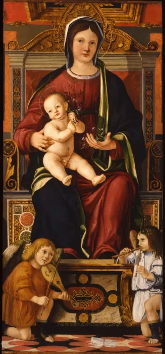 Framed Print : The Virgin and Child Enthroned with Two Musician Angels, 1508-1510. Artist: Caselli, Cristoforo (ca 1460-1521) Framed Print : The Virgin and Child Enthroned with Two Musician Angels, 1508-1510. Artist: Caselli, Cristoforo (ca 1460-1521)