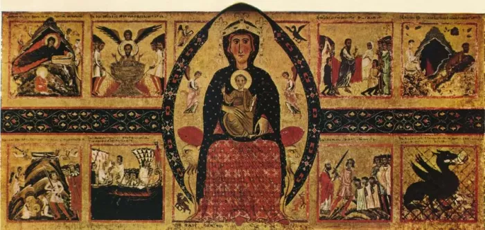 Framed Print : The Virgin and Child Enthroned, with Narrative Scenes, c1263, (1911). Artist: Margarito d Arezzo Framed Print : The Virgin and Child Enthroned, with Narrative Scenes, c1263, (1911). Artist: Margarito d Arezzo