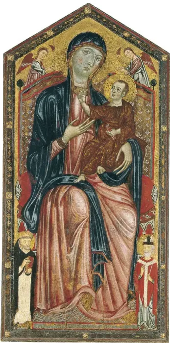 Framed Print : The Virgin and Child enthroned with Saints Dominic, Martin and two Angels. Artist: Master of the Magdalen (active ca 1265-1290) Framed Print : The Virgin and Child enthroned with Saints Dominic, Martin and two Angels. Artist: Master of the Magdalen (active ca 1265-1290)