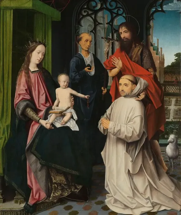 Framed Print : Virgin and Child Enthroned, with Saints Jerome and John the Baptist and a Carthusian Monk, c.1510. Creator: Jan Provoost Framed Print : Virgin and Child Enthroned, with Saints Jerome and John the Baptist and a Carthusian Monk, c.1510. Creator: Jan Provoost