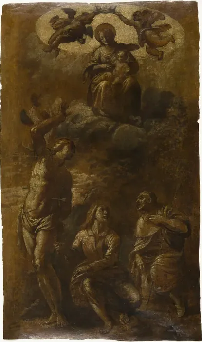 Framed Print : Virgin and Child in Glory with Saints Sebastian, John the Evangelist, and Roch, c.1610. Creator: Pasquale Ottino Framed Print : Virgin and Child in Glory with Saints Sebastian, John the Evangelist, and Roch, c.1610. Creator: Pasquale Ottino